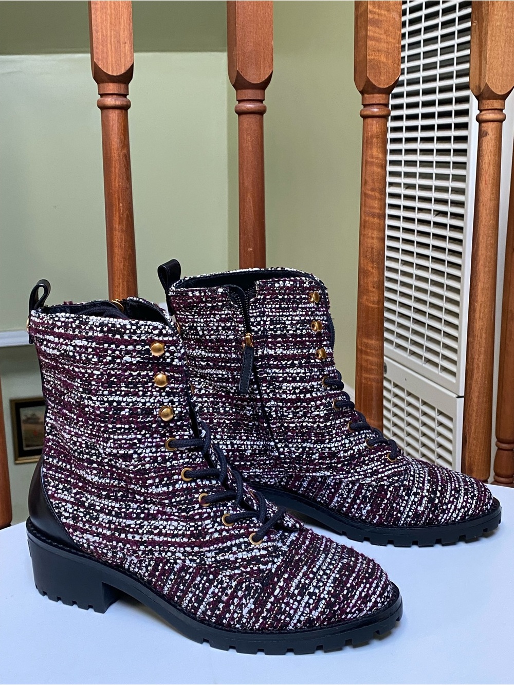 Tory Burch Burgundy Tweed Lace-Up Combat Boots with Gold Eyelets - Picture 2 of 7